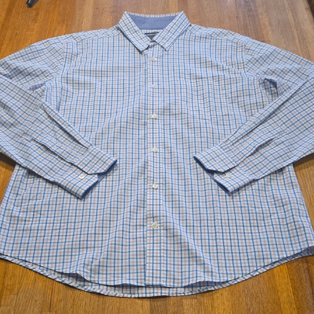 Madison James‎ Men Large Blue Pink Stretch Plaid Button Down Long Sleeve Shirt